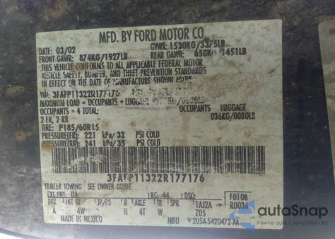 2002 Ford Escort Zx2 Deluxe/Zx2 Premium/Zx2 Standard from USA, damaged, VIN 3FAFP11322R177176